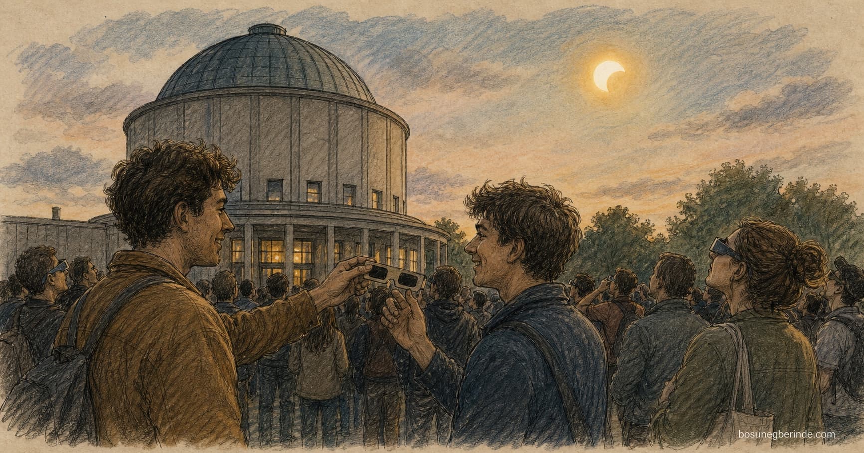 People sharing eclipse glasses outside the Zeiss Grossplanetarium in Berlin